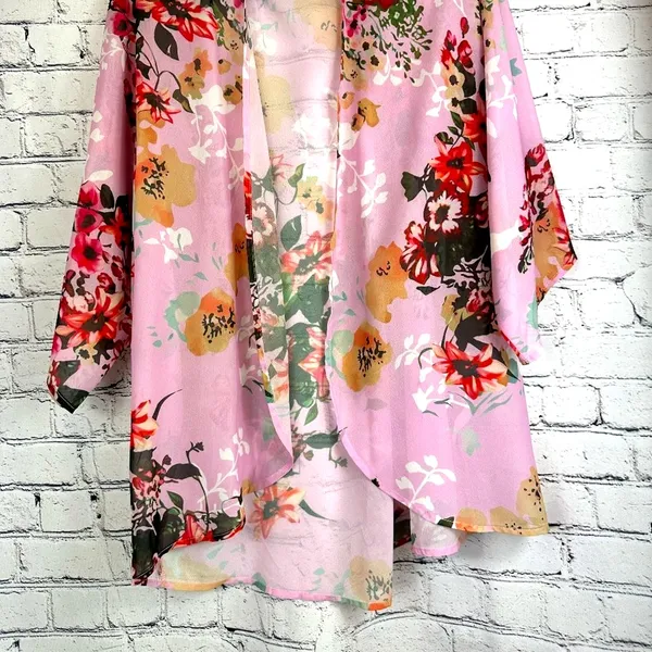 Women's Batwing Floral Chiffon Kimono Beachwear Cover Up Pink L - Image 6