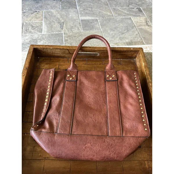 Dasein Brown Vegan Leather Studded Tote Bag Satchel with Matching Pouch Gold EUC - Image 2