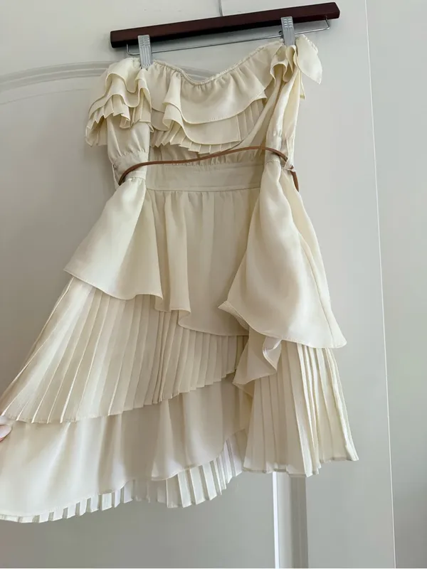 Papaya Cream Asymmetrical Ruffle Skirt with Belted Waist - Image 4