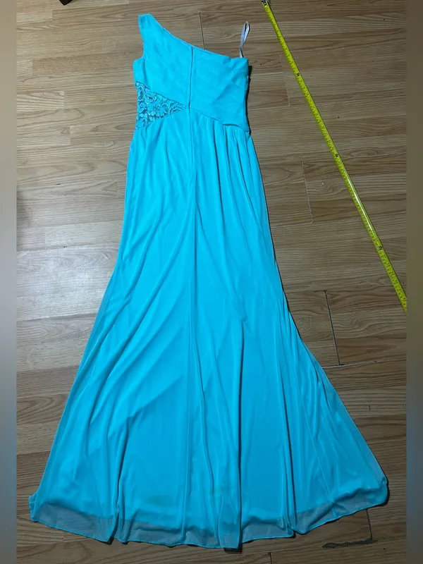David’s bridal Malibu blue one-shoulder floor length, lace inset @one waistline. - Image 4