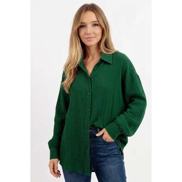 BiBi Oversized Wrinkled Gauze Button Up Shirt Top - Sacramento Green - Small - Image 3