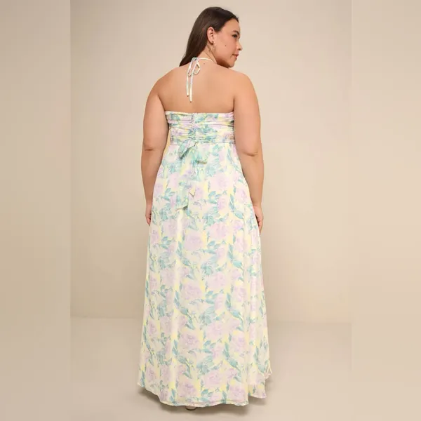 LULU’S Effortlessly Abloom Green Multi Floral Ruched Halter Maxi Dress - Image 9