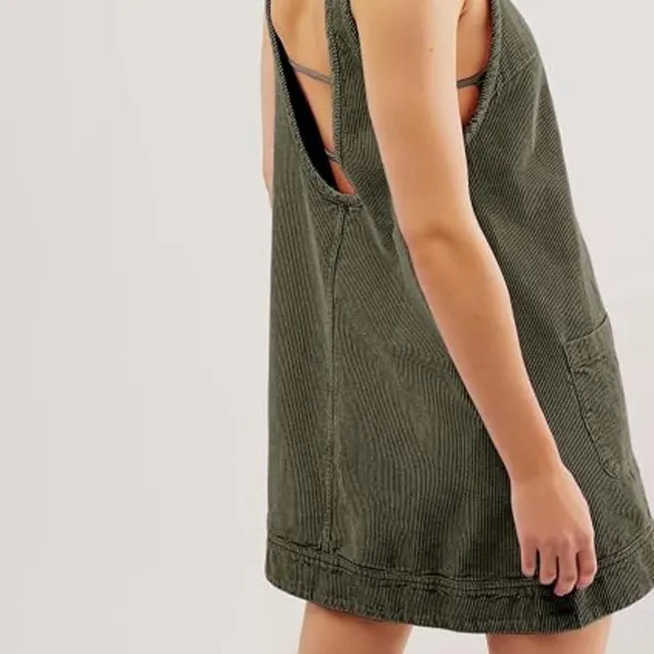 Source Unknown Y2K Corduroy Overall Dress Open Back Cute Pockets M Dark Green NEW - Image 2