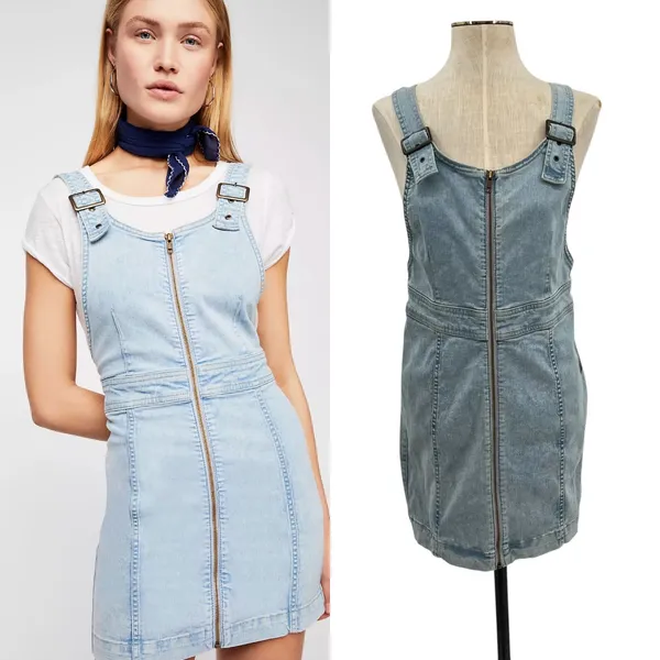 Free People Modern Femme Denim Jumper Dress Zip Front Overall Mini Size‎ 10 NWT - Image 2
