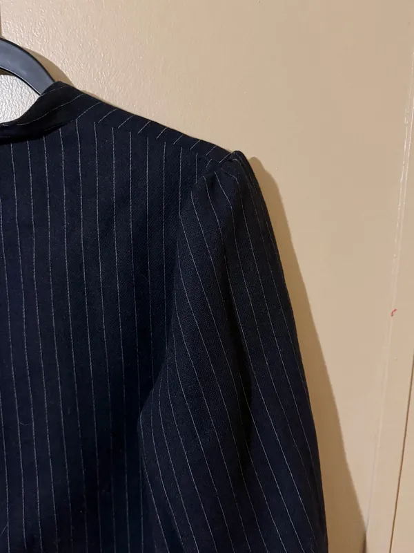 Women's Navy Pinstripe One-Button Blazer, Lined, Long Sleeve, Classic Business - Image 3