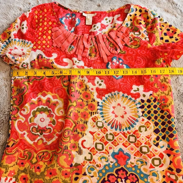 J. Crew Boho Printed Blouse Size 6 Multicolor Cotton Ramie Pleated‎ Keyhole Neck - Image 7