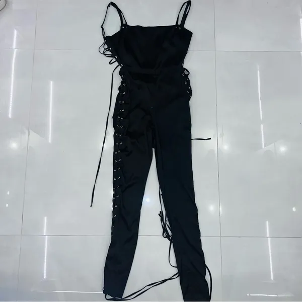 House Of CB, 'Tsarina' Black Satin Jumpsuit With Side Lace Ups - Image 9