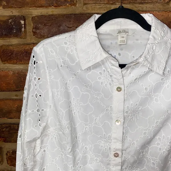 Lilly Pulitzer White Singrid Eyelet Long Sleeve Button Down Top Women's Size XS - Image 3