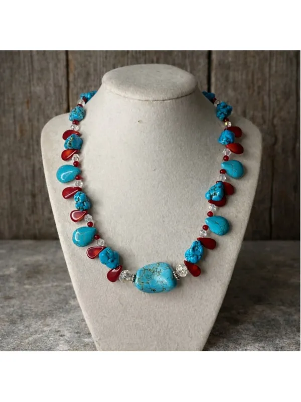 Artisan Jewelry Turquoise & Red Beaded Necklace | 18” - Image 2