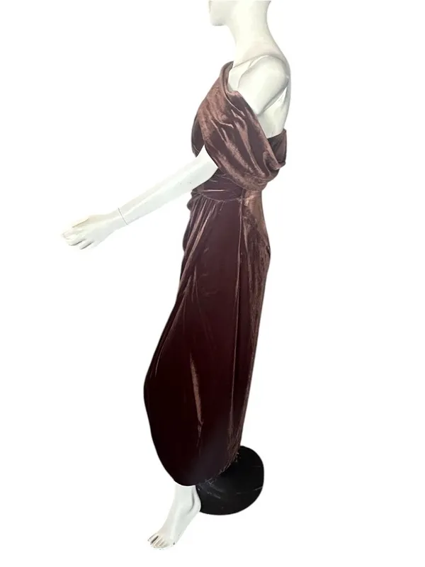RoseGod Asymmetrical Velvet One Shoulder Midi Dress Brown Size 10 NWT - Image 3