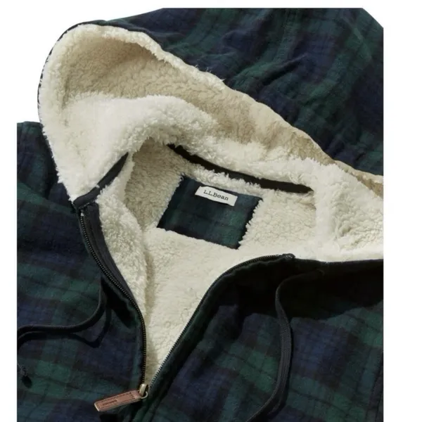 LL Bean Scotch Plaid Flannel Shirt Sherpa Lined Zip Hoodie Jacket Blue Green S - Image 3