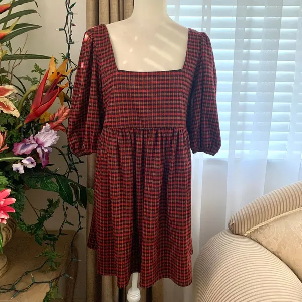 Hutch Square Neck Puff Sleeve Checker Plaid Mini Dress in Red Multi - Image 2