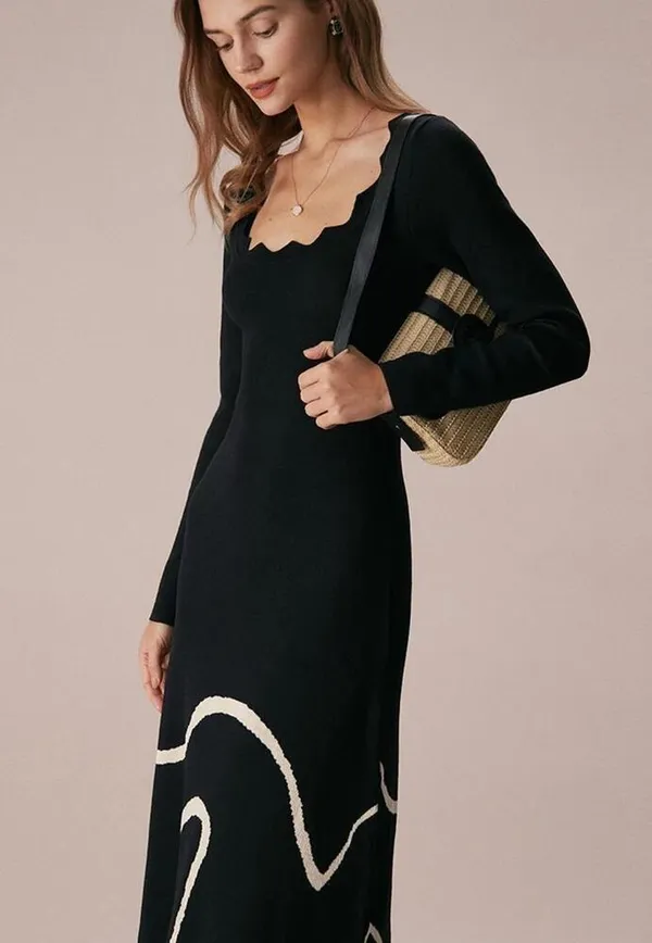 RIHOAS The Black Wave Scalloped Sweater Midi Dress 73 - Image 5