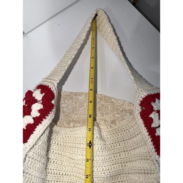 Crochet Granny Square Shoulder Tote Bag Red Beige Handmade Afghan Boho L‎ - Image 10