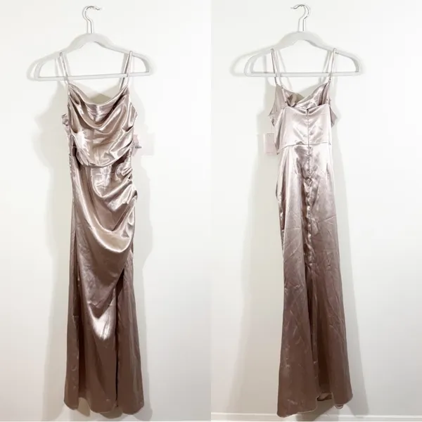 NWT Birdy Grey Lydia Bridesmaid Dress Shiny Satin Taupe XS - Image 3