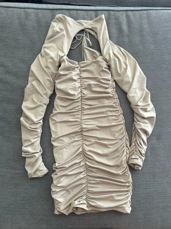 Oh Polly Beige Ruched Cutout Long Sleeve Mini Dress - Image 5