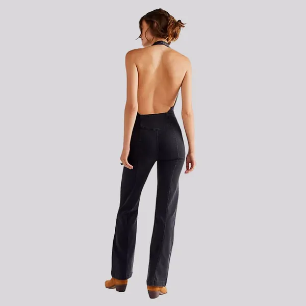 We The Free People Cruz Black Denim Halter Jumpsuit Minimalist Boho Festival - Image 2