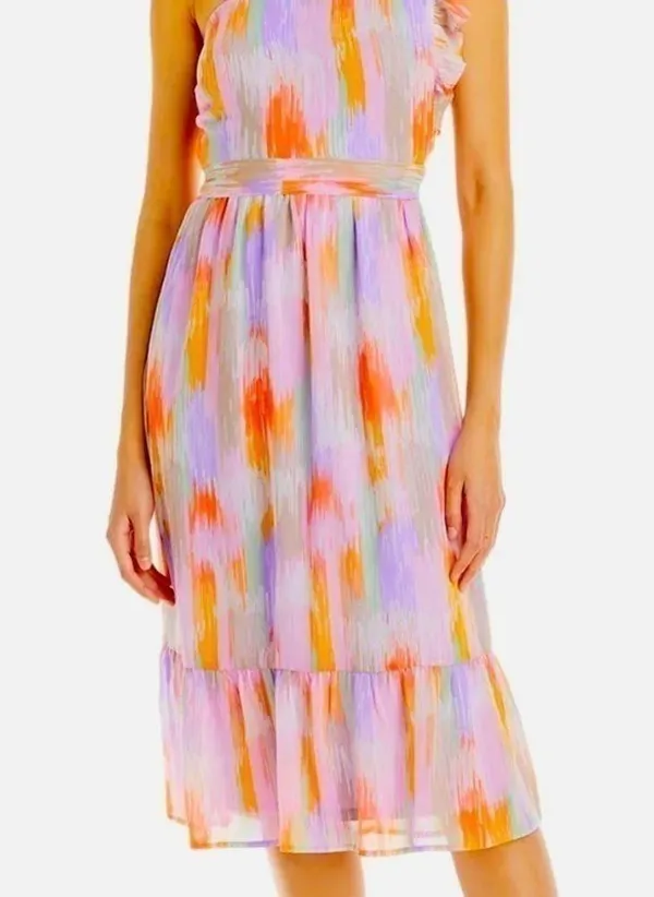 Aqua multi pink floral one shoulder ruffle midi dress. Size Medium. NWT. - Image 3