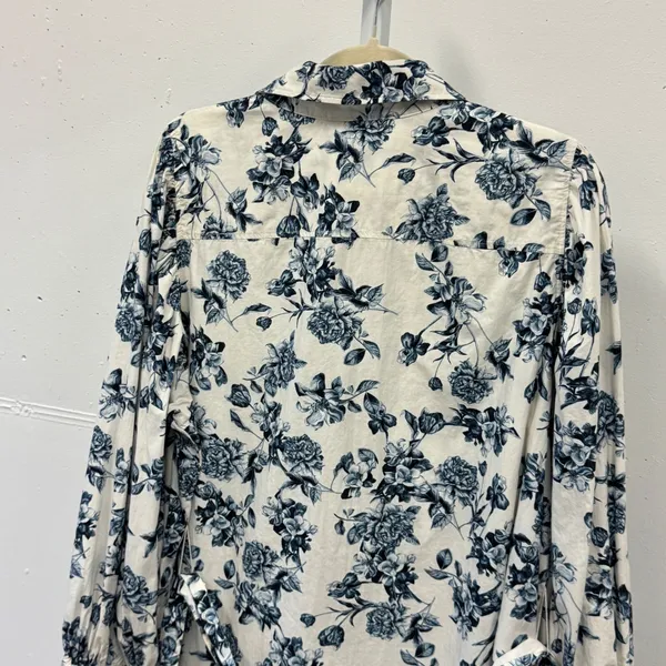 H&M Floral Cotton Shirt Tunic Dress XL Button Down Long Sleeve Belted Blue White - Image 6