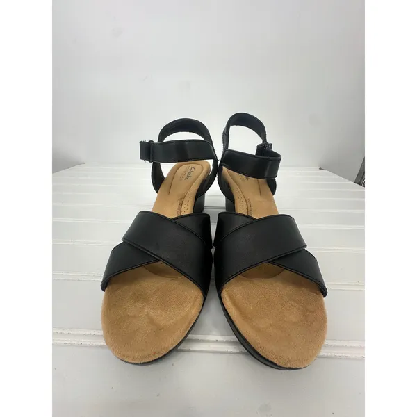 Clarks Collection Tulip Gem Black Leather Wedge Sandals Womens 8.5‎ Career - Image 3