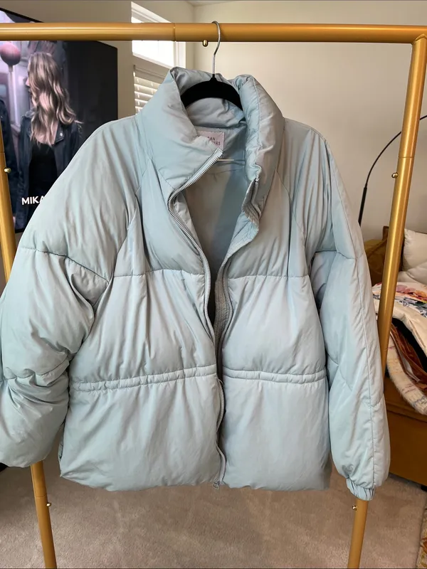 Urban Outfitters Women's Aqua Blue Puffer Jacket with High Collar - Image 8