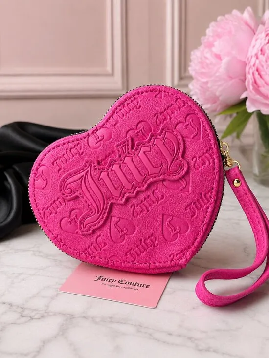 Juicy Couture Pink Embossed Heart Wallet Leather Wristlet Zip Around NWT - Image 2