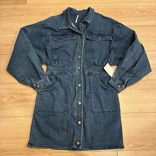 NWT Free People Bo Dress Indigo Blue Denim Shirt Long Sleeve Size L - Image 2