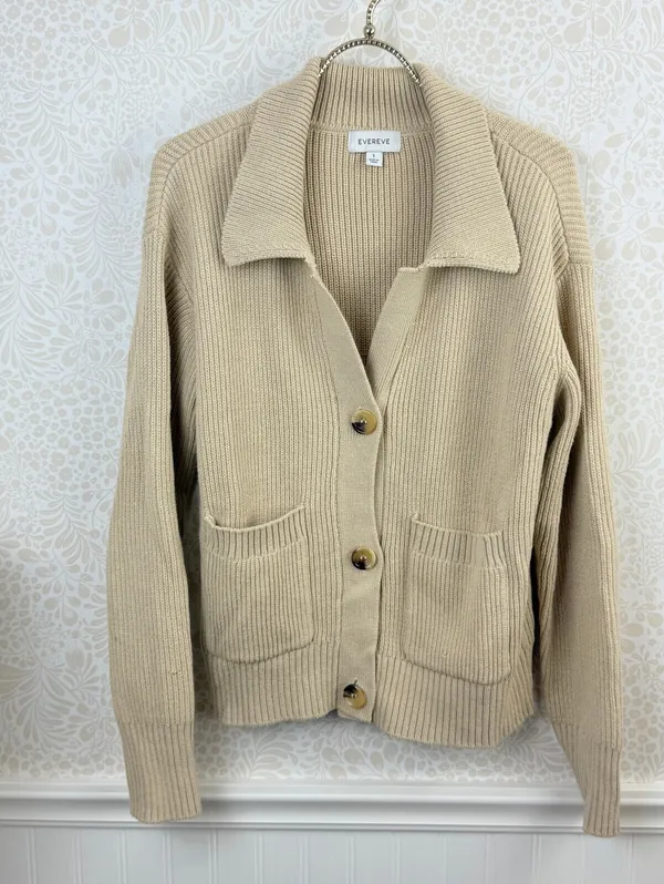 Evereve Beige Button-Up Knit Ribbed Collared Cardigan Sweater - Size - Small - Image 2