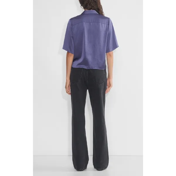 Wilfred Aritzia Beso Satin Shirt Nightshade Blue Short Sleeve Button Down M - Image 2