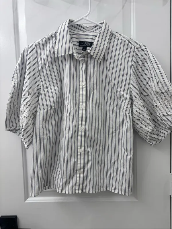 J crew eyelet puff sleeve shirt in striped cotton poplin - Image 2