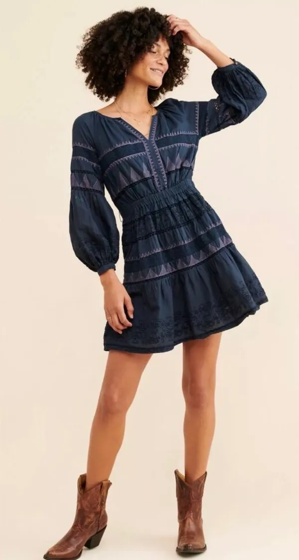 By Anthropologie Skye Embroidered Navy Blue Purple Tie Mini Dress Women's XS - Image 3