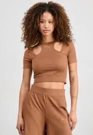 Puma ‘Dare To’ Cropped Tee with Cut Out Short Sleeves in Mushroom Brown - Image 3