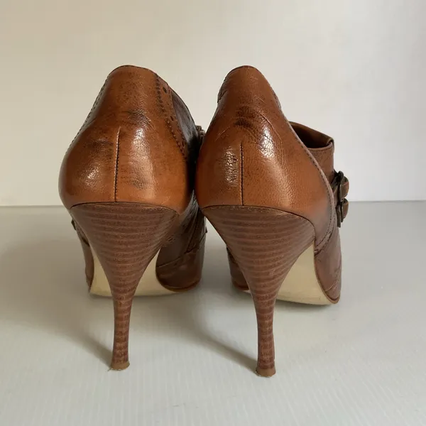 Vintage Enzo Angiolini Brown Leather Fringe Heels Double Buckle Pumps Size 7M - Image 7