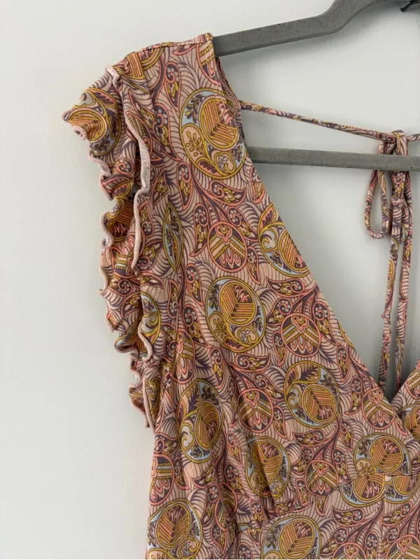 Anthropologie Matilda Pink Yellow Floral Paisley Wide Leg Ruffle Jumpsuit S - Image 2