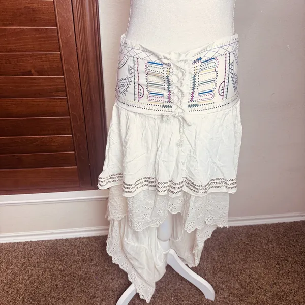 Boho Gypsy Skirt Ivory Ruffle High Low lace trim corset waist lace up sz M - Image 2