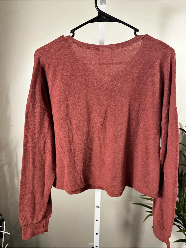 S228. Caution to the Wind Rust Henley Knit Long-Sleeve Top - Image 3