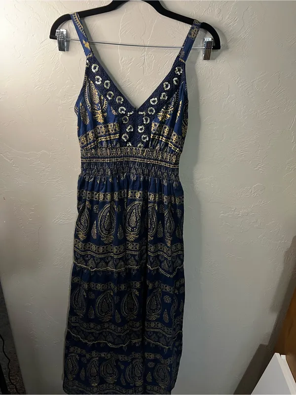 Me 2 Magic Navy Gold Sequin Paisley Smocked Boho Festival Maxi Dress - Image 2
