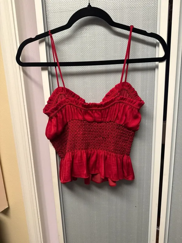 Intimately Free People Red Satin Smocked Peplum Cami Top - Image 3