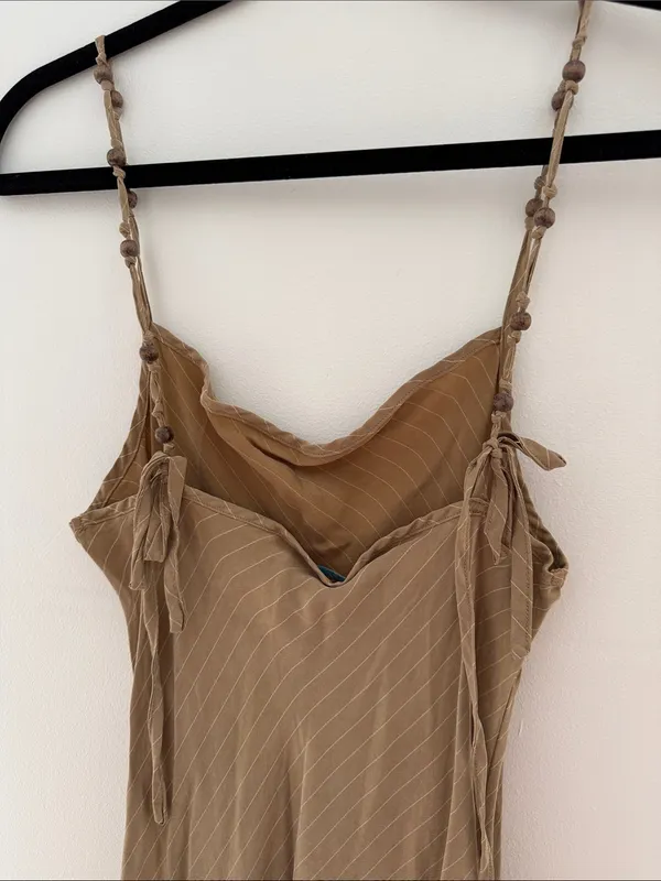 VRG GRL Taupe Stripe Maxi Slip Dress with Beaded Adjustable Straps - Image 5