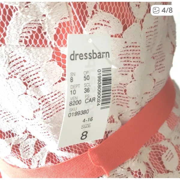 Dressbarn Coral Lace Fit Flare Dress Size 8‎ Sleeveless Tie Waist Women - Image 3