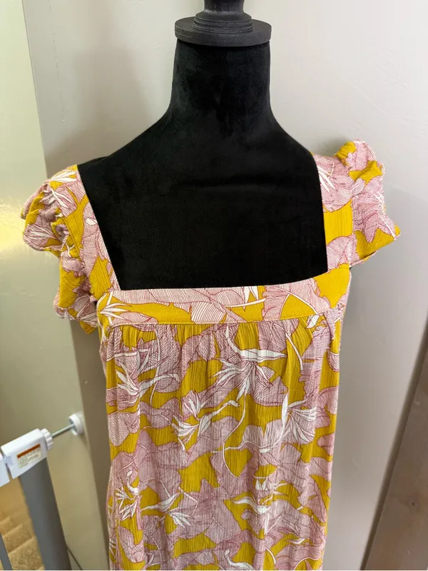 Knox Rose Square Neck Flutter Cap Sleeve Maxi‎ Dress Yellow Pink Floral Tropical - Image 3