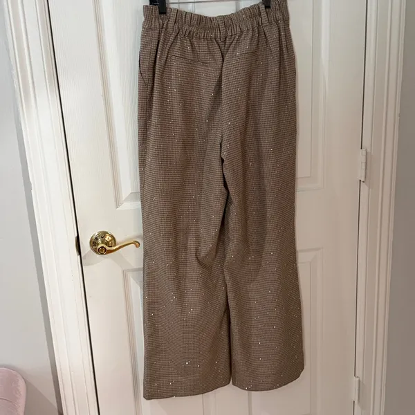 Elegant Tan Women's Pants wide leg plaid sequin stretch waist on 34th medium - Image 4