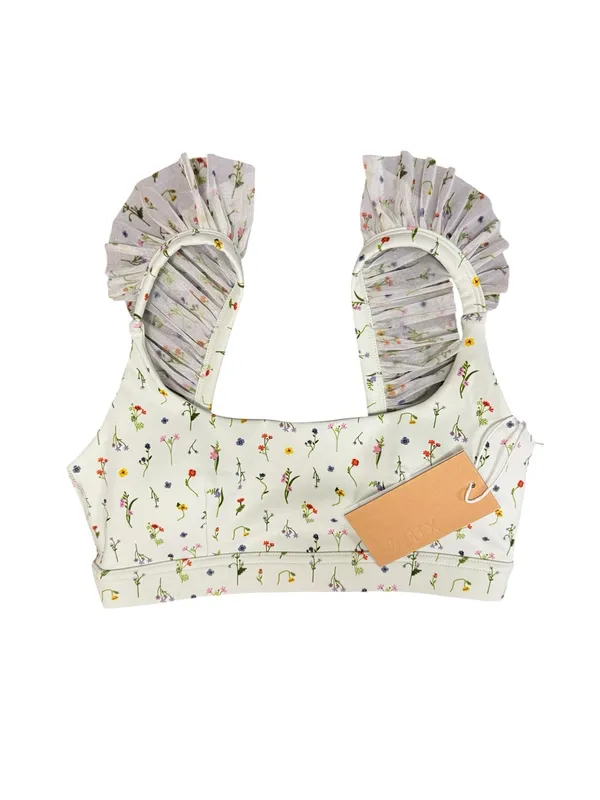 POPFLEX Romance Mesh Ruffle Sports Bra Meadow Floral Print Green XS NEW NWT - Image 6