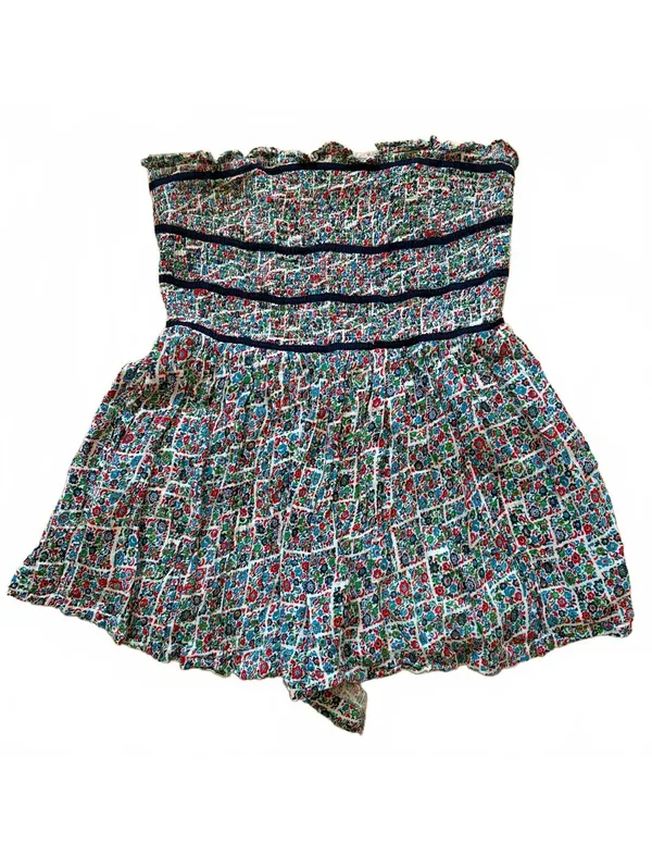 Free People Bali Checked Out Printed Romper Floral Grid Smocked Strapless Large - Image 2