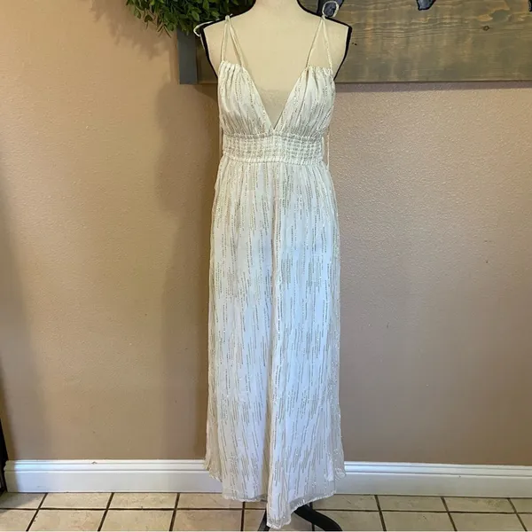 NWOT Lulus Sunshine Dreaming White Lurex Striped Tie-Strap Maxi Dress - Image 4