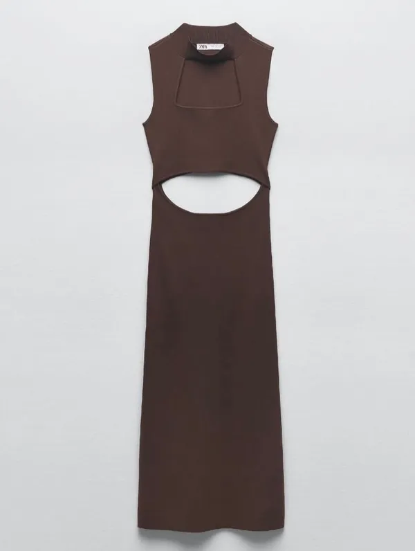 Zara Brown Cutout Dress ribbed fitted casual evening date midi - Image 4