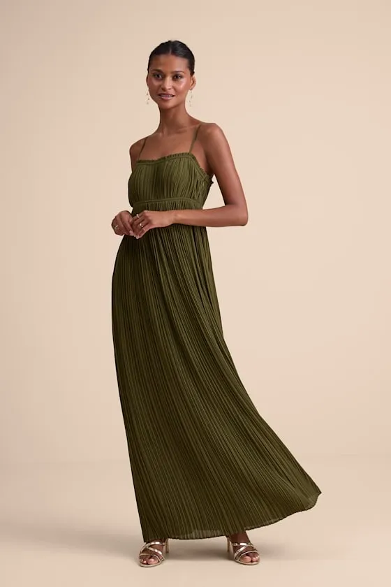 New Lulus Delina Olive Plisse Chiffon Tie-Back Maxi Dress Size Small - Image 8