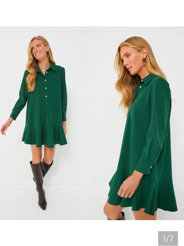 Tuckernuck green Crepe Callahan Shirt Dress long sleeve ruffle spring party $200 - Image 2