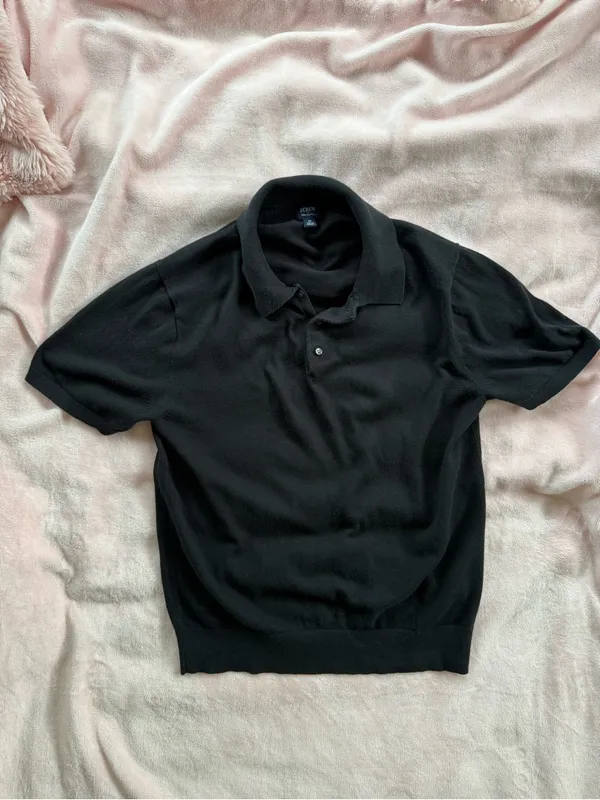J. Crew Black Short Sleeve Button Down Polo Cinched Waist Sweater Medium - Image 4