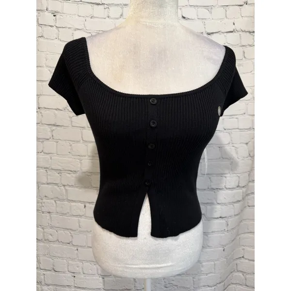 NWT PAC SUN LA Hearts Black Off-The-Shoulder Button Front Sweater Size XS - Image 2